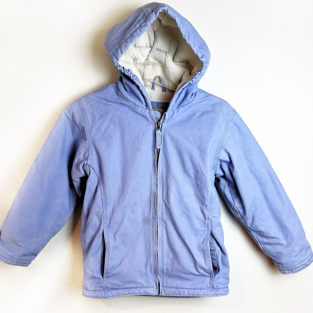 Girls Canvas Fleece Lined Jacket Medium Cotton Hood Pockets Work Chore Farm Barn